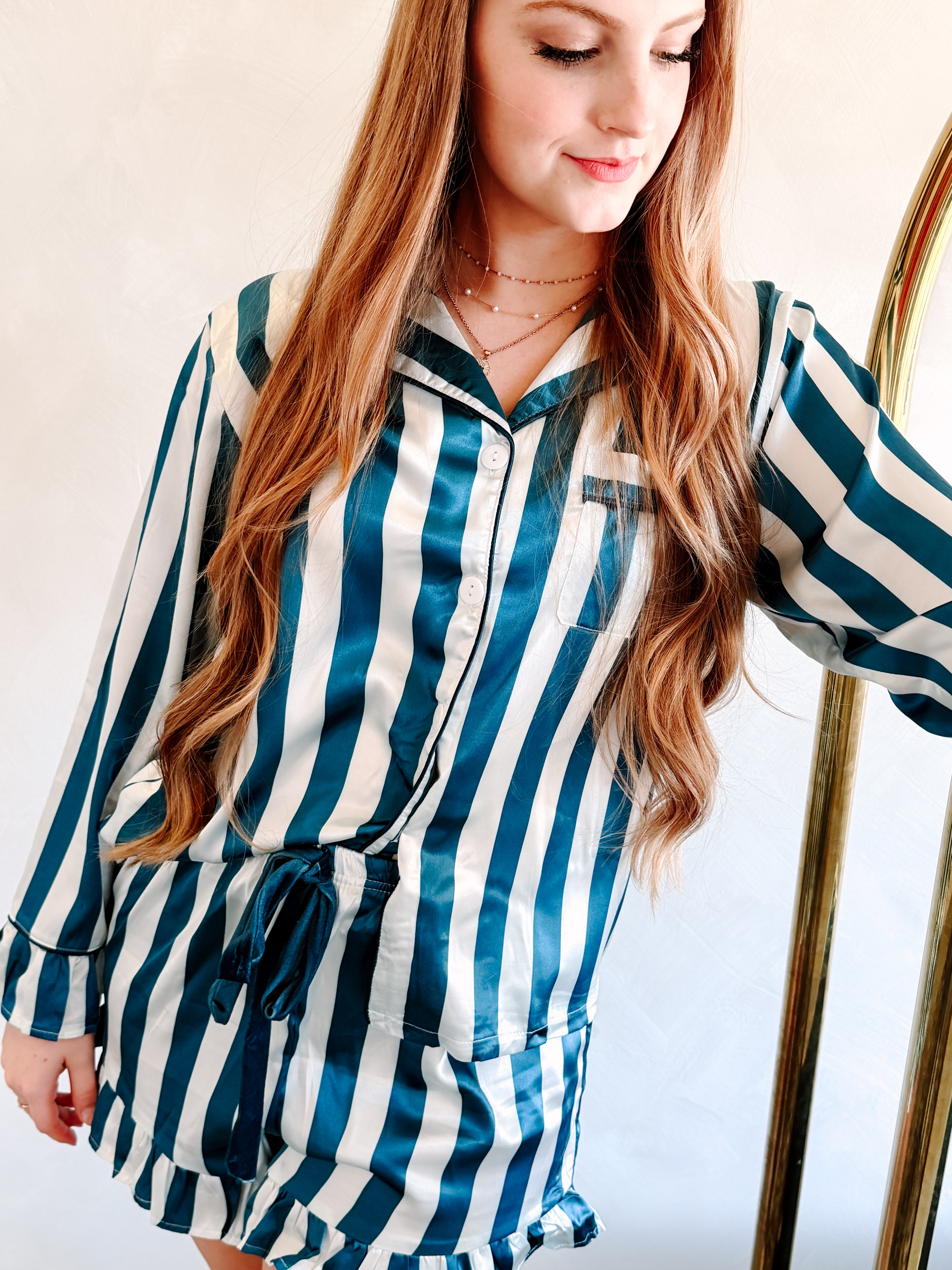 Frilly Striped Pajama Set (Deep Blue)